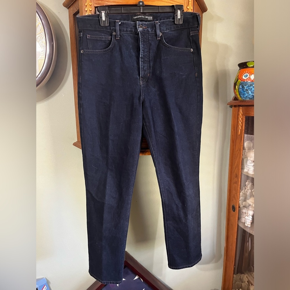 Veronica Beard Ryleigh Slim Straight High Rise Dark Wash Button Fly Jean Size 30